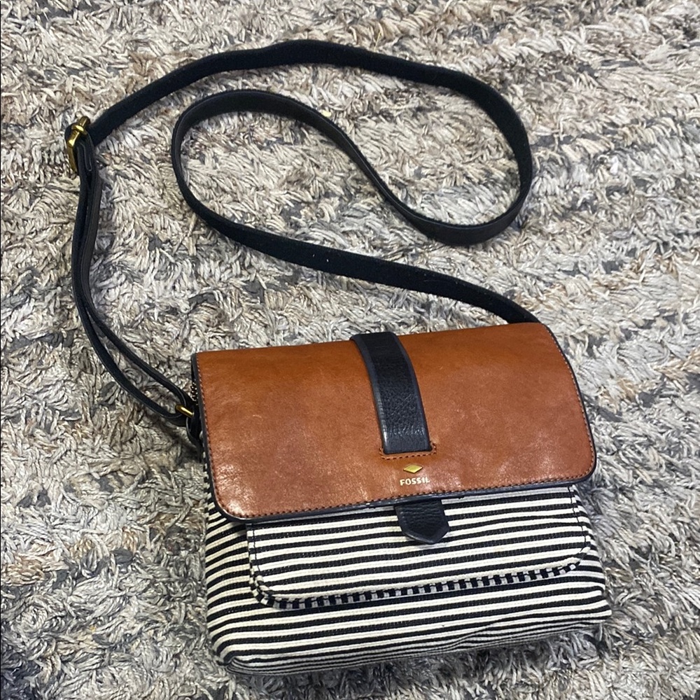 Fossil Tan cow leather and Black Striped Crossbody Bag